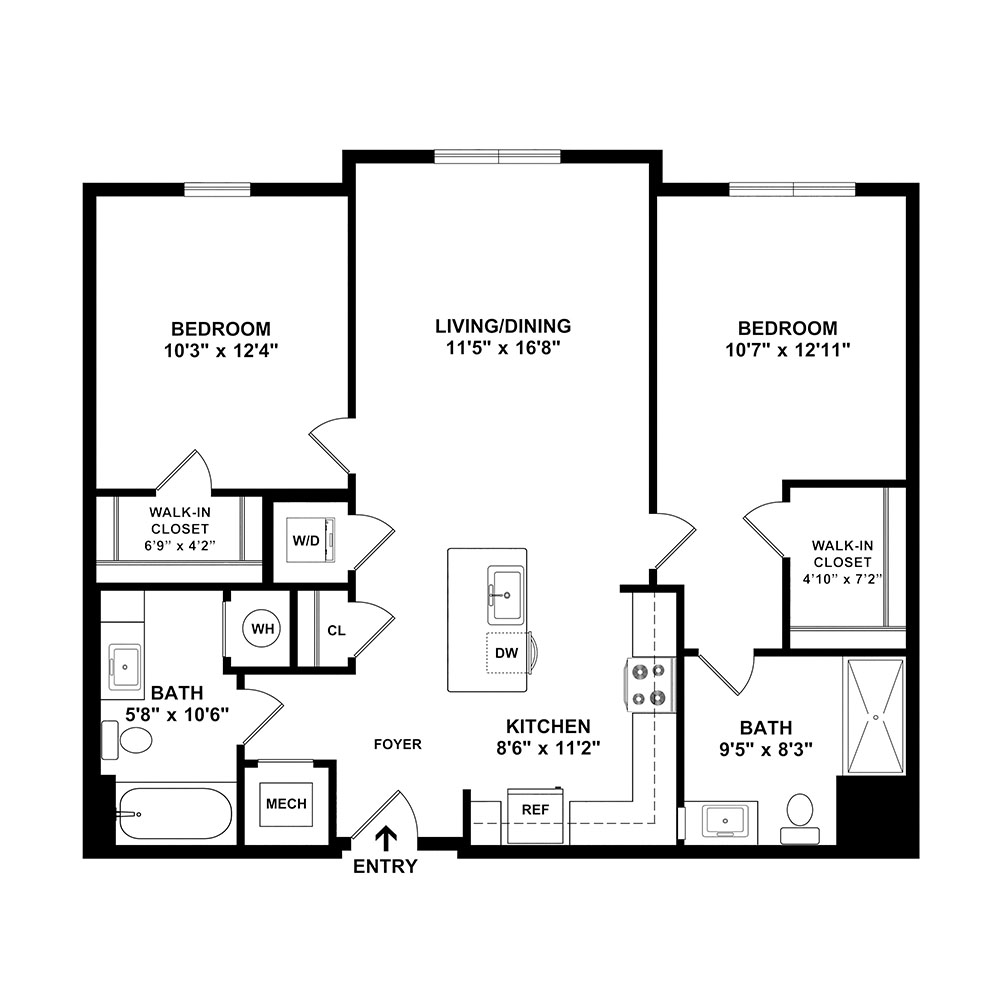 Style 2A-1 2 Bedroom | 2 Bath 897 Square Feet